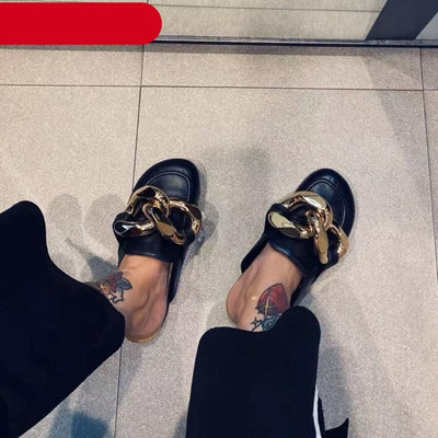 Gold Chain Women Slipper Closed Toe Slip On Mules Shoes Round Toe Low Heels Casual Slides Flat Sandals Slip On Slide Sandals Elegant Heels Slides Slippers