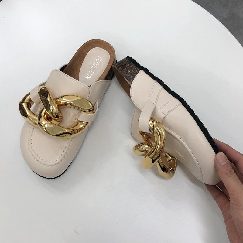 Gold Chain Women Slipper Closed Toe Slip On Mules Shoes Round Toe Low Heels Casual Slides Flat Sandals Slip On Slide Sandals Elegant Heels Slides Slippers