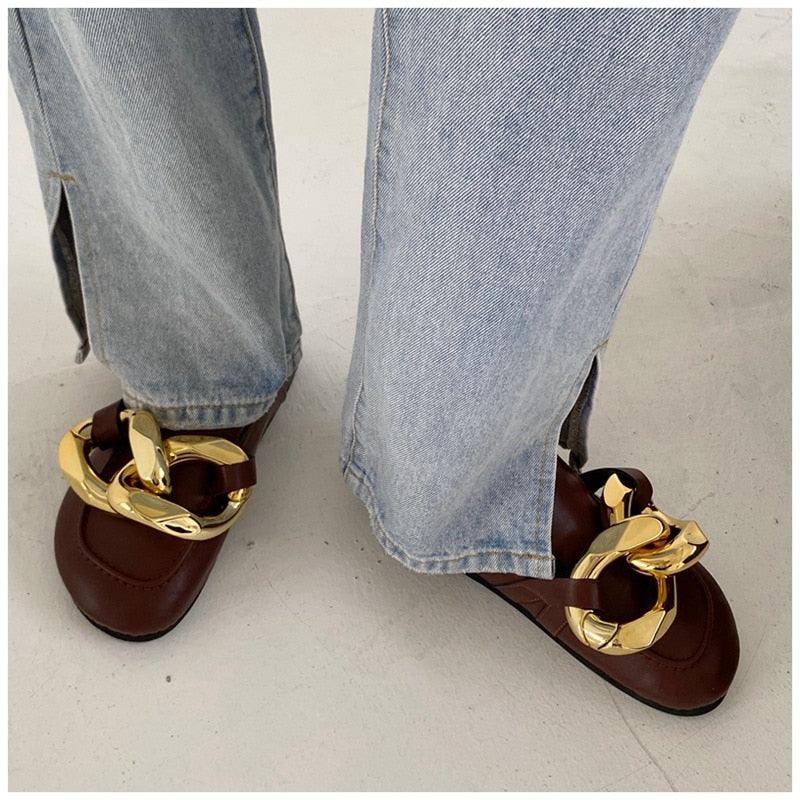 Gold Chain Women Slipper Closed Toe Slip On Mules Shoes Round Toe Low Heels Casual Slides Flat Sandals Slip On Slide Sandals Elegant Heels Slides Slippers