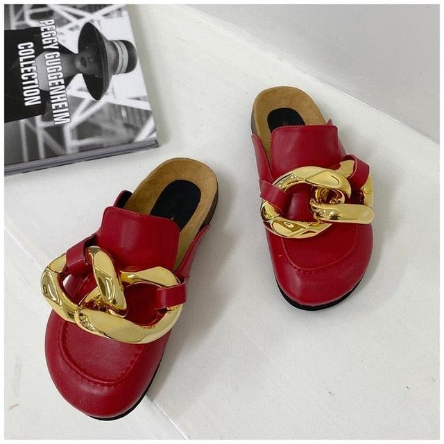 Gold Chain Women Slipper Closed Toe Slip On Mules Shoes Round Toe Low Heels Casual Slides Flat Sandals Slip On Slide Sandals Elegant Heels Slides Slippers