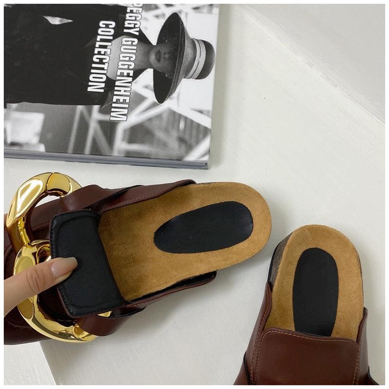 Gold Chain Women Slipper Closed Toe Slip On Mules Shoes Round Toe Low Heels Casual Slides Flat Sandals Slip On Slide Sandals Elegant Heels Slides Slippers