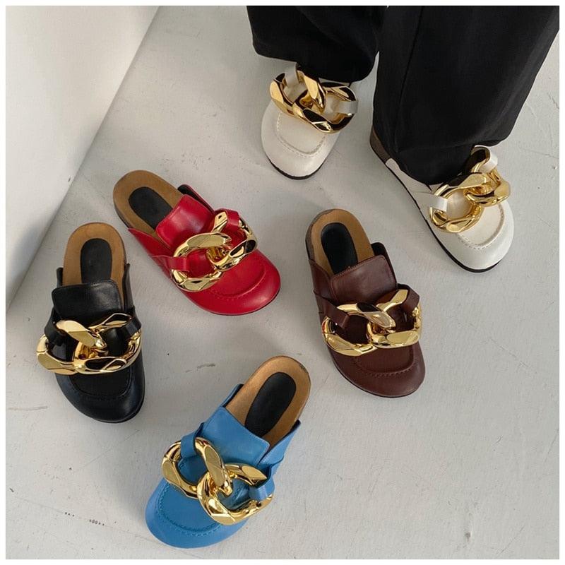 Gold Chain Women Slipper Closed Toe Slip On Mules Shoes Round Toe Low Heels Casual Slides Flat Sandals Slip On Slide Sandals Elegant Heels Slides Slippers