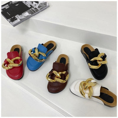 Gold Chain Women Slipper Closed Toe Slip On Mules Shoes Round Toe Low Heels Casual Slides Flat Sandals Slip On Slide Sandals Elegant Heels Slides Slippers