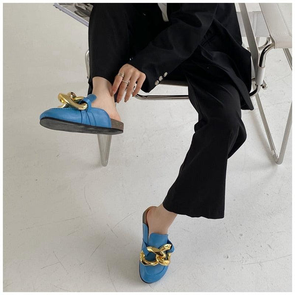 Gold Chain Women Slipper Closed Toe Slip On Mules Shoes Round Toe Low Heels Casual Slides Flat Sandals Slip On Slide Sandals Elegant Heels Slides Slippers