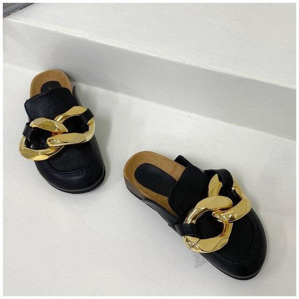 Gold Chain Women Slipper Closed Toe Slip On Mules Shoes Round Toe Low Heels Casual Slides Flat Sandals Slip On Slide Sandals Elegant Heels Slides Slippers