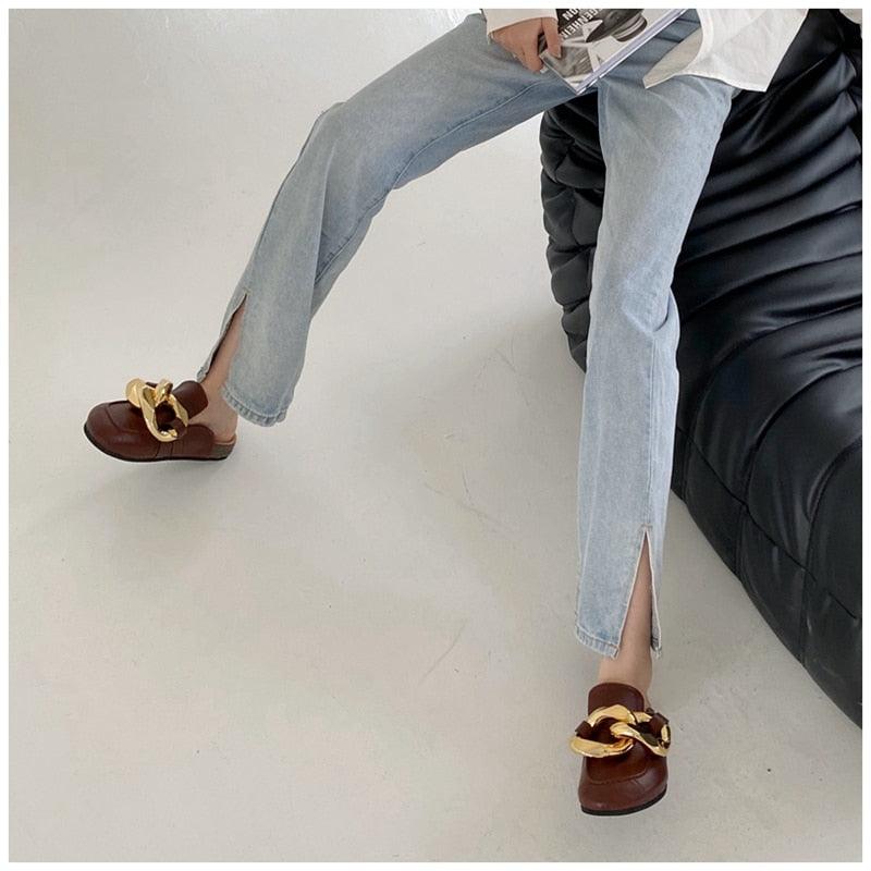 Gold Chain Women Slipper Closed Toe Slip On Mules Shoes Round Toe Low Heels Casual Slides Flat Sandals Slip On Slide Sandals Elegant Heels Slides Slippers
