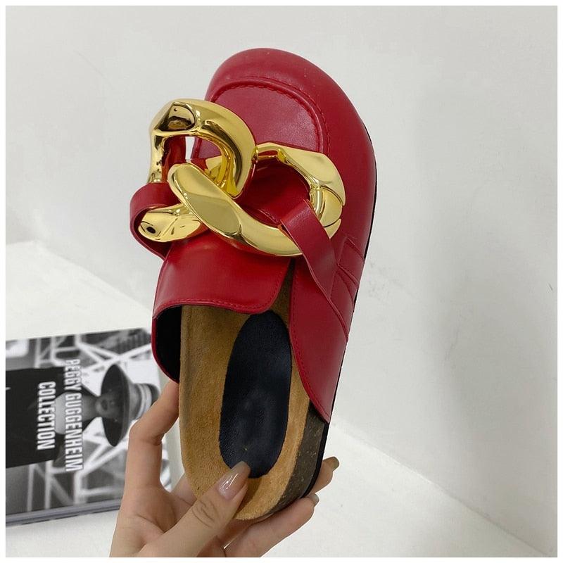 Gold Chain Women Slipper Closed Toe Slip On Mules Shoes Round Toe Low Heels Casual Slides Flat Sandals Slip On Slide Sandals Elegant Heels Slides Slippers