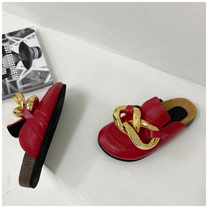 Gold Chain Women Slipper Closed Toe Slip On Mules Shoes Round Toe Low Heels Casual Slides Flat Sandals Slip On Slide Sandals Elegant Heels Slides Slippers