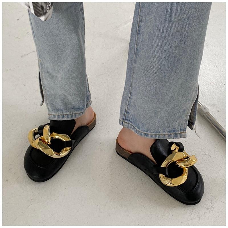 Gold Chain Women Slipper Closed Toe Slip On Mules Shoes Round Toe Low Heels Casual Slides Flat Sandals Slip On Slide Sandals Elegant Heels Slides Slippers