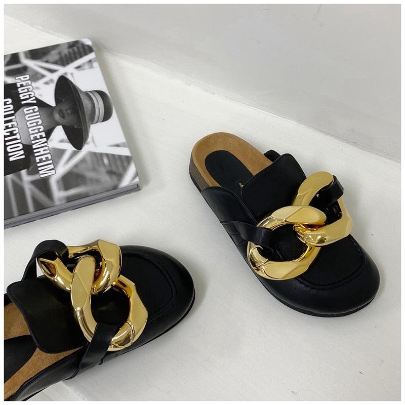 Gold Chain Women Slipper Closed Toe Slip On Mules Shoes Round Toe Low Heels Casual Slides Flat Sandals Slip On Slide Sandals Elegant Heels Slides Slippers