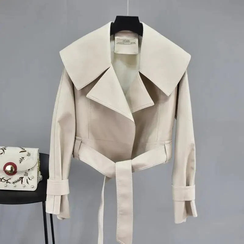 New Elegance Autumn Women's Pu Leather Jackets Short Coat Turndown Collar Belt Lace-up Motorcycle Black Punk Red Overcoat Female Outwear