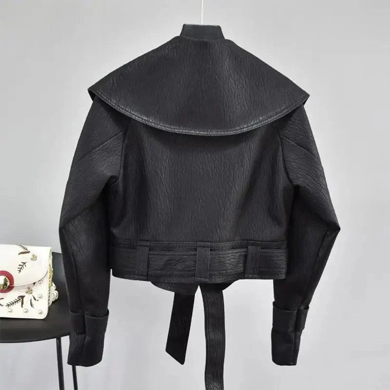 New Elegance Autumn Women's Pu Leather Jackets Short Coat Turndown Collar Belt Lace-up Motorcycle Black Punk Red Overcoat Female Outwear