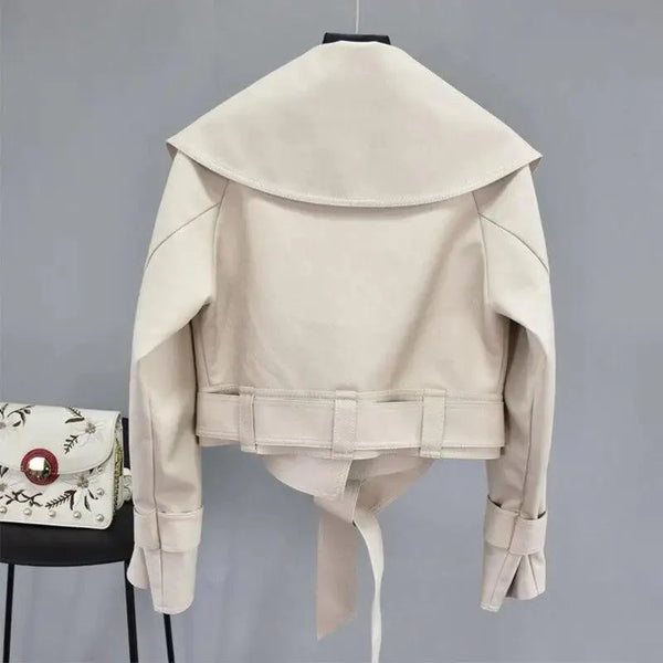 New Elegance Autumn Women's Pu Leather Jackets Short Coat Turndown Collar Belt Lace-up Motorcycle Black Punk Red Overcoat Female Outwear