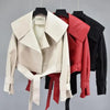 New Elegance Autumn Women's Pu Leather Jackets Short Coat Turndown Collar Belt Lace-up Motorcycle Black Punk Red Overcoat Female Outwear