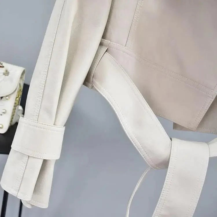 New Elegance Autumn Women's Pu Leather Jackets Short Coat Turndown Collar Belt Lace-up Motorcycle Black Punk Red Overcoat Female Outwear