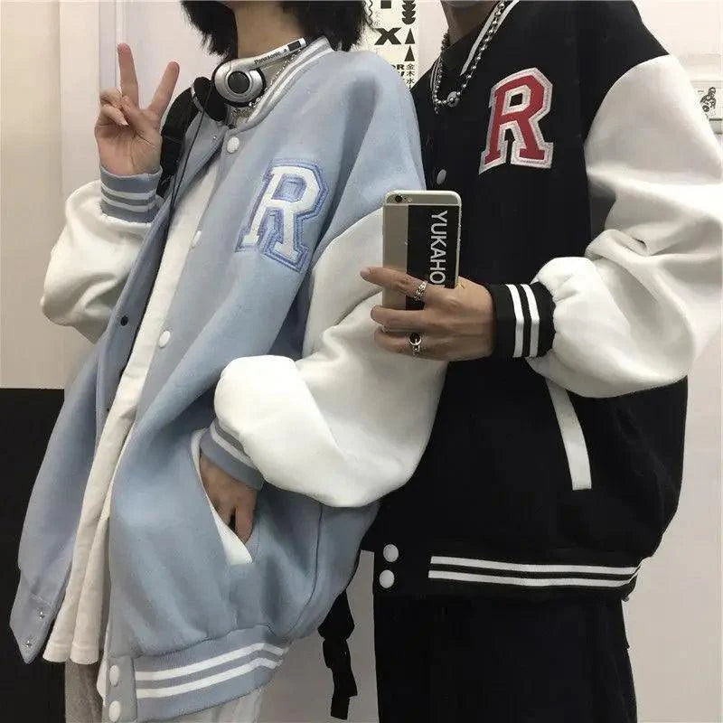 New Elegance Spring Autumn Coat Baseball Bomber Jacket Loose Letter R Men Women Couples Tops Plus Size Jackets Streetwear