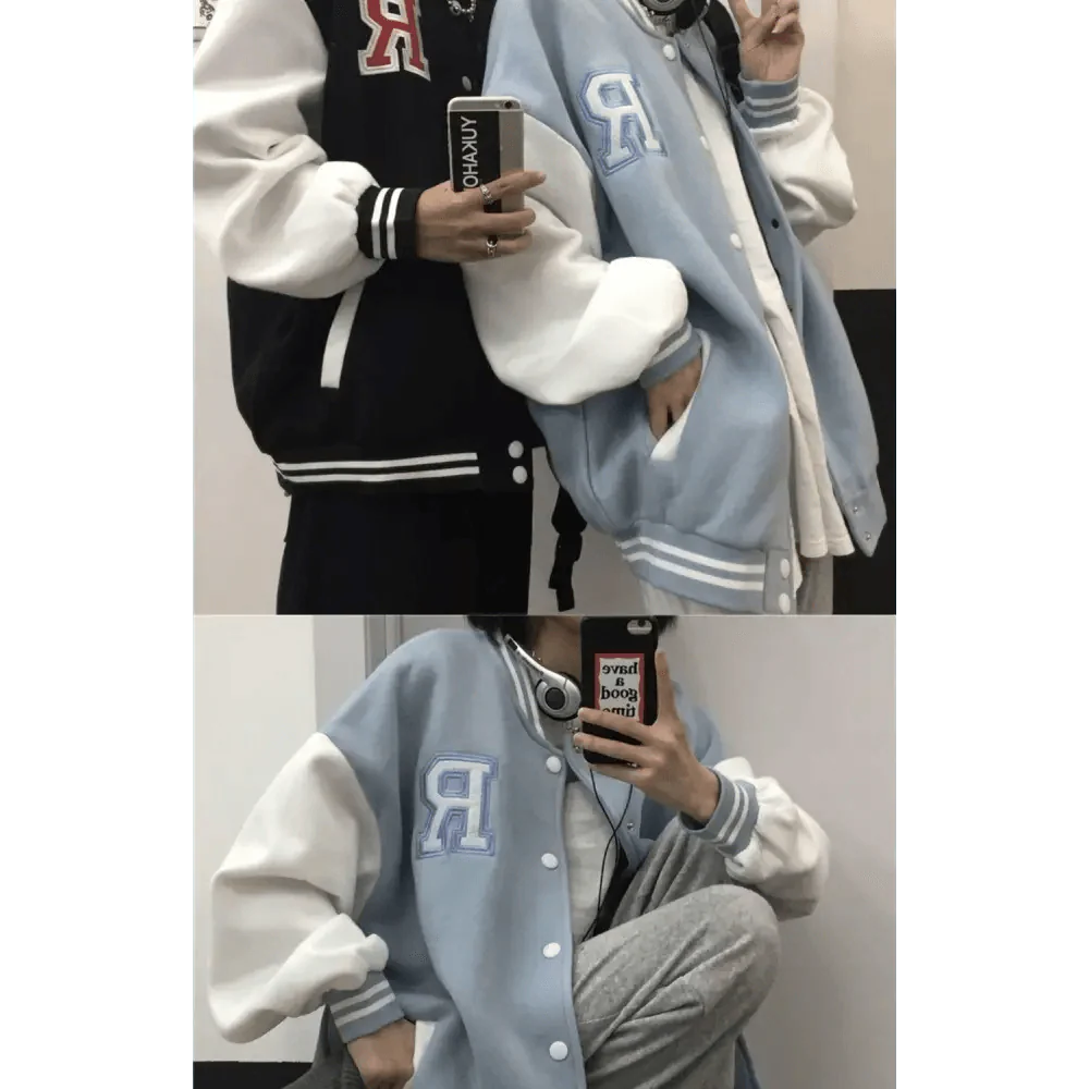 New Elegance Spring Autumn Coat Baseball Bomber Jacket Loose Letter R Men Women Couples Tops Plus Size Jackets Streetwear