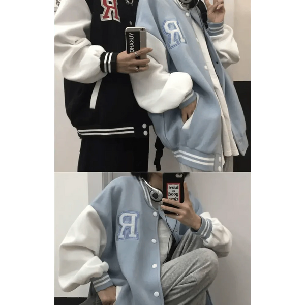 New Elegance Spring Autumn Coat Baseball Bomber Jacket Loose Letter R Men Women Couples Tops Plus Size Jackets Streetwear