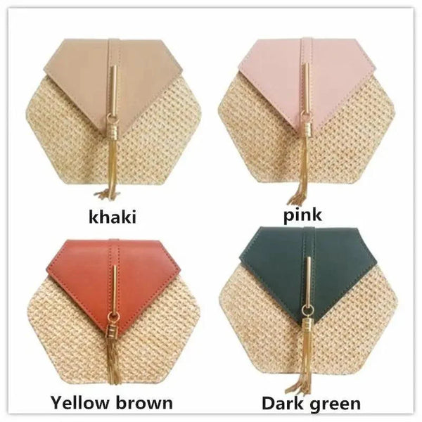 New Famous Mulit Style Straw+leather Handba For Women And Girls  New Fashion Summer Bag Handmade Woven Beach Circle Shoulder Bag