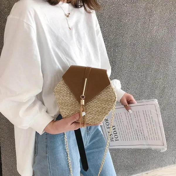 New Famous Mulit Style Straw+leather Handba For Women And Girls  New Fashion Summer Bag Handmade Woven Beach Circle Shoulder Bag