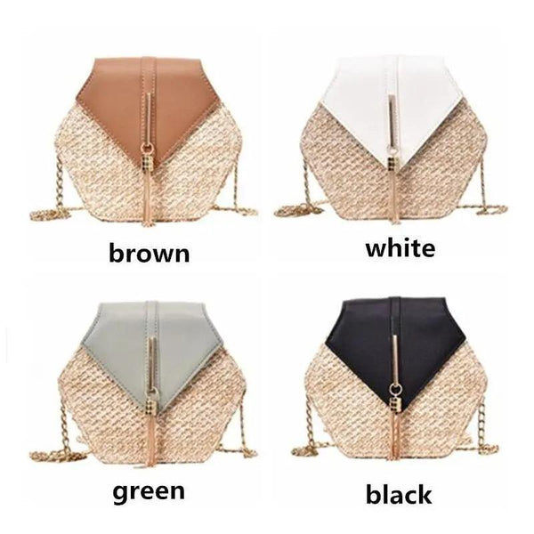 New Famous Mulit Style Straw+leather Handba For Women And Girls  New Fashion Summer Bag Handmade Woven Beach Circle Shoulder Bag