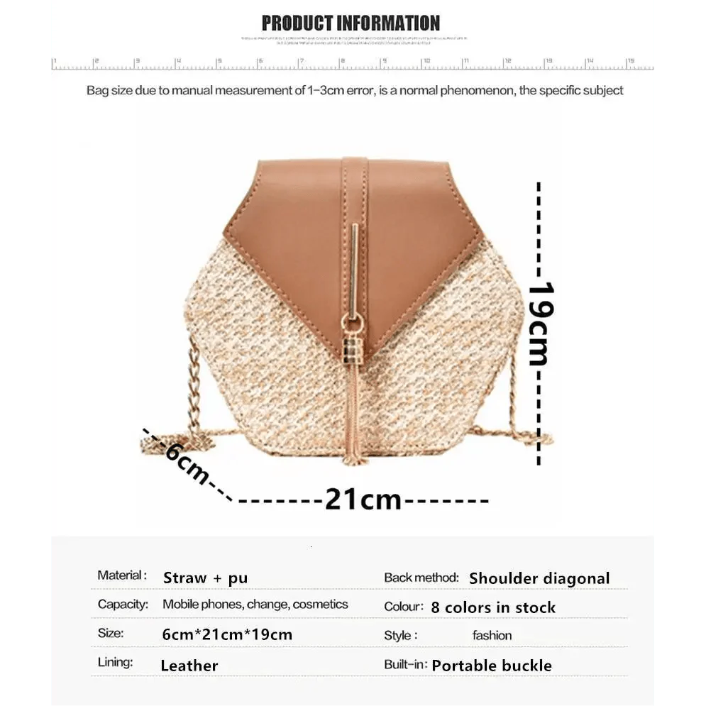 New Famous Mulit Style Straw+leather Handba For Women And Girls  New Fashion Summer Bag Handmade Woven Beach Circle Shoulder Bag
