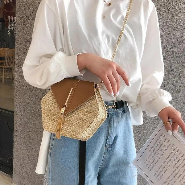 New Famous Mulit Style Straw+leather Handba For Women And Girls  New Fashion Summer Bag Handmade Woven Beach Circle Shoulder Bag