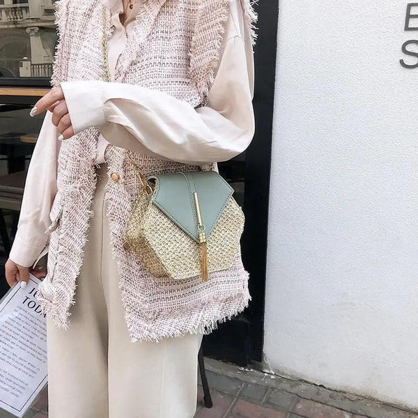 New Famous Mulit Style Straw+leather Handba For Women And Girls  New Fashion Summer Bag Handmade Woven Beach Circle Shoulder Bag
