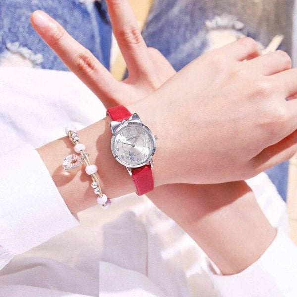 New Fashion Childrens Watch Analog Children Quartz Watch With Bracelet Set Little Cat Watch Kids Children Quartz Electronic Watch Unisex Wrist Leather Strap Watches