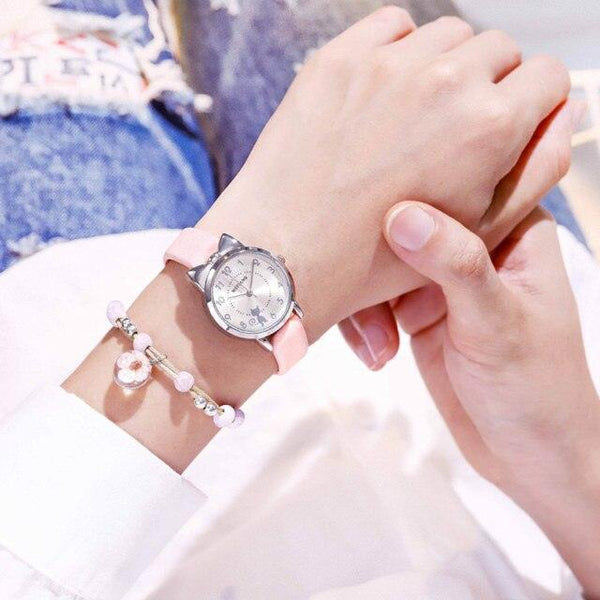 New Fashion Childrens Watch Analog Children Quartz Watch With Bracelet Set Little Cat Watch Kids Children Quartz Electronic Watch Unisex Wrist Leather Strap Watches