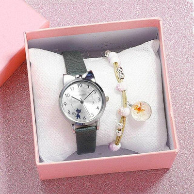 New Fashion Childrens Watch Analog Children Quartz Watch With Bracelet Set Little Cat Watch Kids Children Quartz Electronic Watch Unisex Wrist Leather Strap Watches