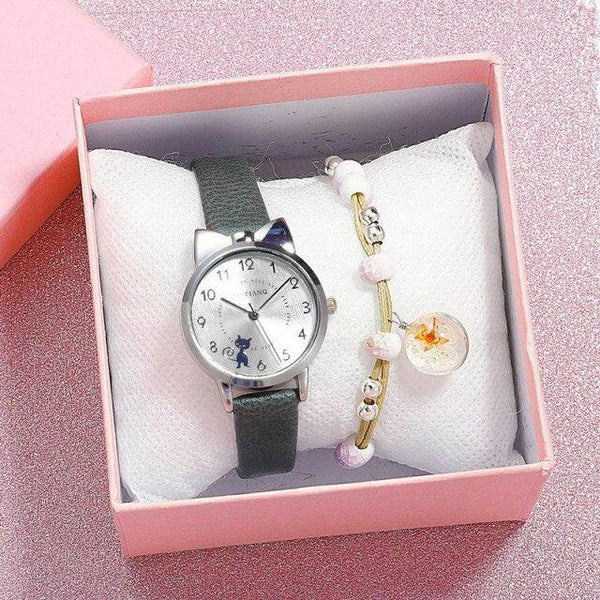 New Fashion Childrens Watch Analog Children Quartz Watch With Bracelet Set Little Cat Watch Kids Children Quartz Electronic Watch Unisex Wrist Leather Strap Watches