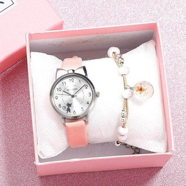 New Fashion Childrens Watch Analog Children Quartz Watch With Bracelet Set Little Cat Watch Kids Children Quartz Electronic Watch Unisex Wrist Leather Strap Watches