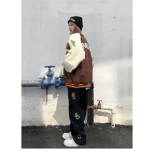 New Free Style Woman Jacket Hip Hop Furry Bone Patchwork Color Block Jackets Mens Streetwear Men Baseball Coats Unisex