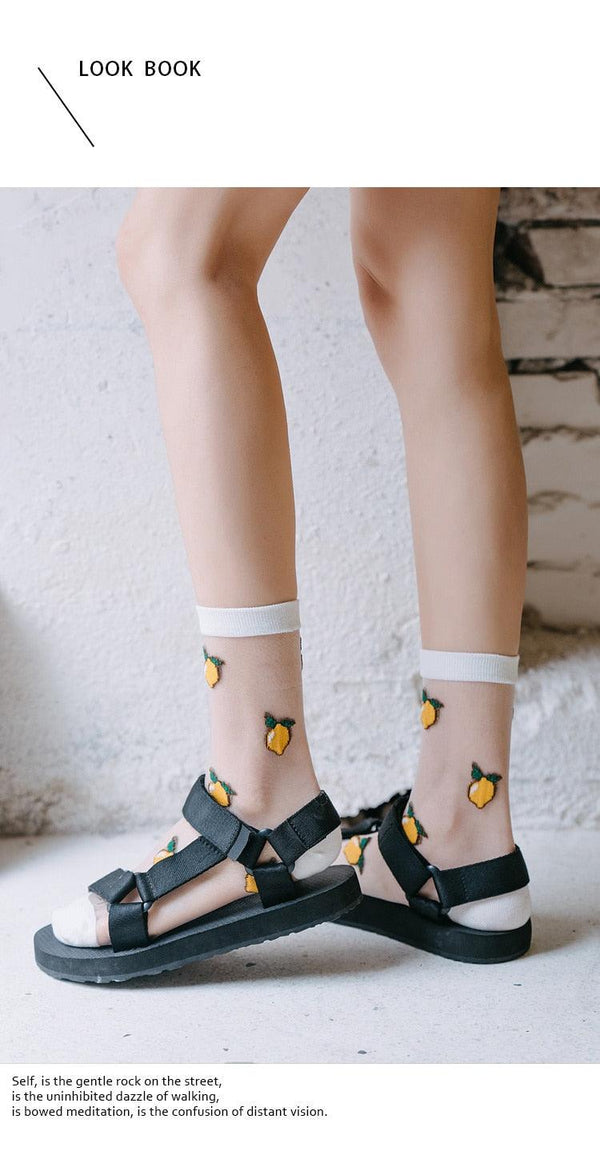 New Girls Cute Cartoon Fruits Sheer Kawaii Lady Women Summer Fall Avocado Lemon Pineapple Cherry Jacquard Socks For Women