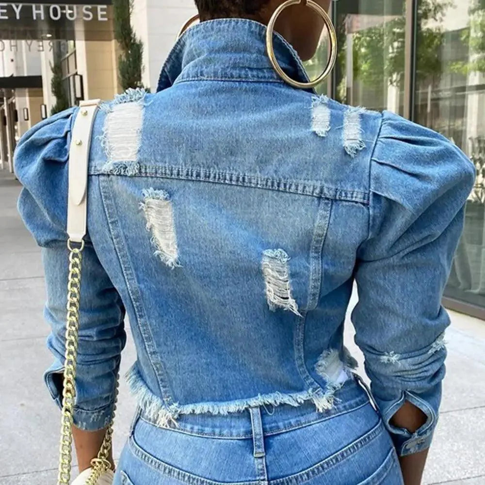 New Incredible Spring Women Sexy Ripped Denim Jackets Vintage Casual Short Jean Jacket Puff Sleeve Winter Female Coat Streetwear