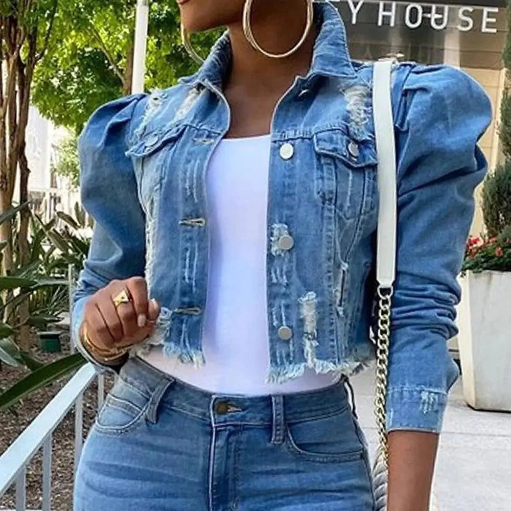 New Incredible Spring Women Sexy Ripped Denim Jackets Vintage Casual Short Jean Jacket Puff Sleeve Winter Female Coat Streetwear