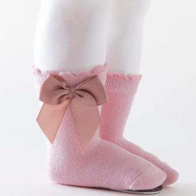New Kids Socks Toddlers Girls Big Bow Knee High Quality Long Soft Autumn Winter 100% Cotton Lace Baby Tube Sock Baby Cotton Knee Socks Warm Big Bow Knot Baby Stockings Stylish Leg Warmer Soft Dance Socks