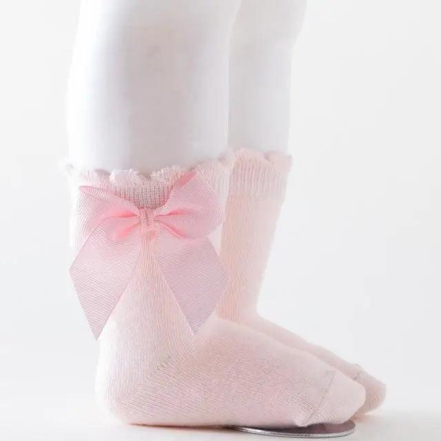 New Kids Socks Toddlers Girls Big Bow Knee High Quality Long Soft Autumn Winter 100% Cotton Lace Baby Tube Sock Baby Cotton Knee Socks Warm Big Bow Knot Baby Stockings Stylish Leg Warmer Soft Dance Socks