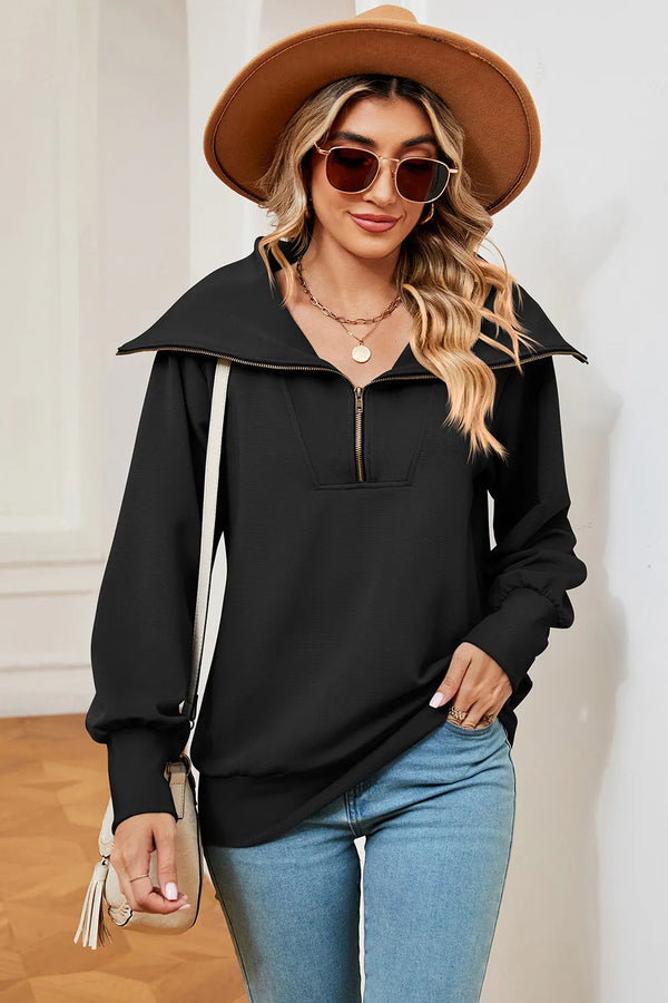 New long sleeved zipper lapel shawl pullover hoodie for women
