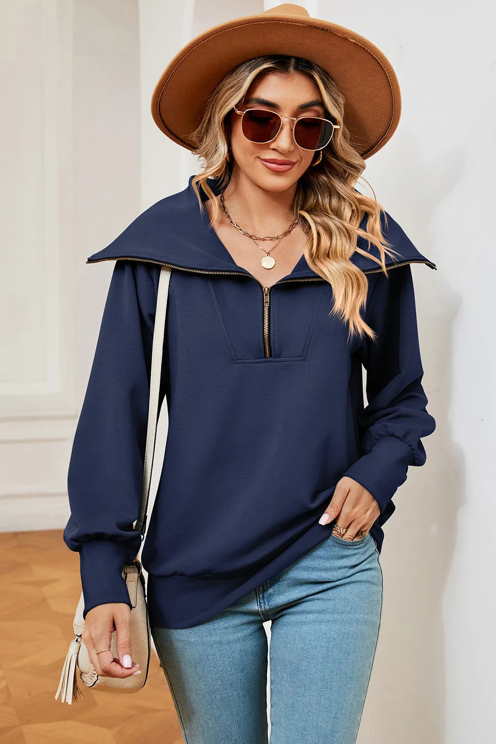 New long sleeved zipper lapel shawl pullover hoodie for women