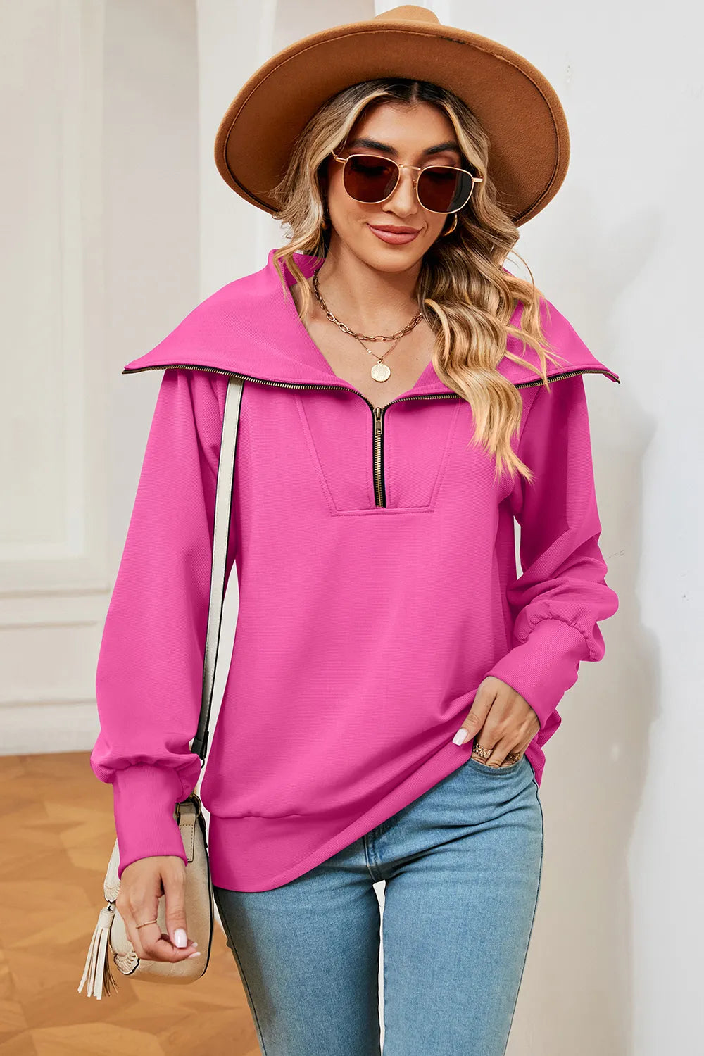New long sleeved zipper lapel shawl pullover hoodie for women