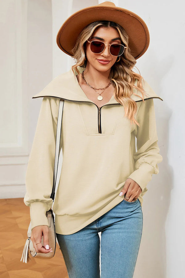 New long sleeved zipper lapel shawl pullover hoodie for women
