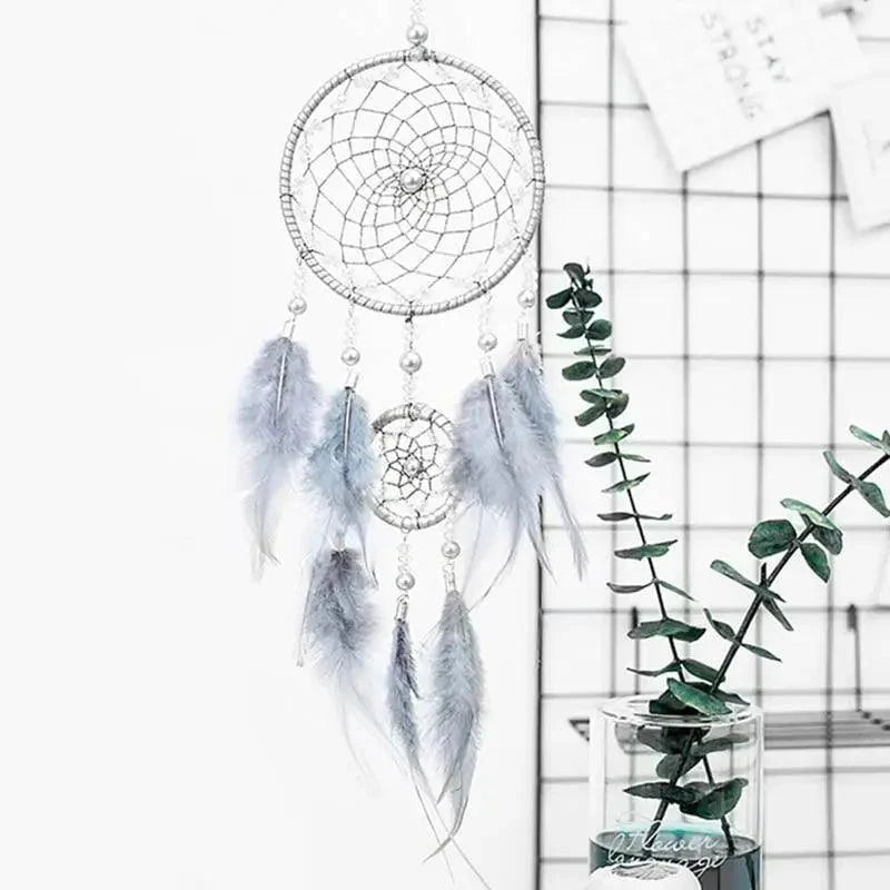 New Luxury Original Silver Gray Dream Catcher 2 Ring Feather Hanging Art Gifts To Bestie Friends Creative Valentine's Day Gifts