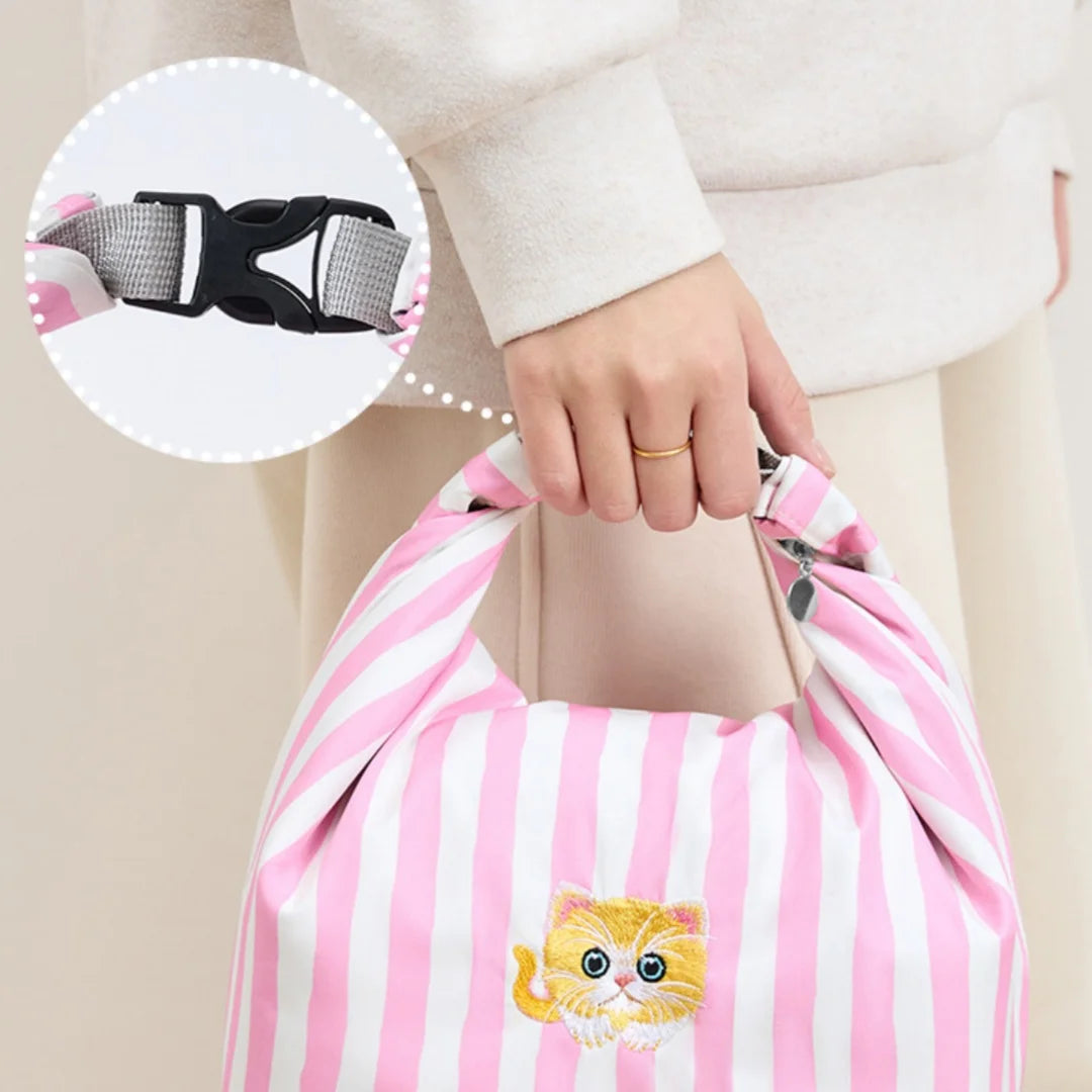 New Pink Striped Strawberry Cat Insulated Cute Lunch Handbag  Large Capacity Folding Roll Bento Bag Picnic Food Fresh Cooler Bag