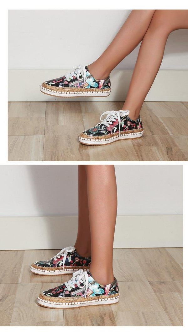 New Popular Womens Shoes Colorful Beautiful Flower Printing Shoes Lace-up Flat Women's Casual Womens Sneakers High-Quality Women's White Sports Casual Couple Shoes Summer Trainers Walking Sneakers