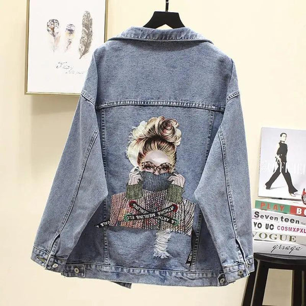 New Sizzling Women's Denim Jacket Fashionable Streetwear Letter Stylish Chic Printed Ripped Holes Jean Patchwork Jeans Female Coat