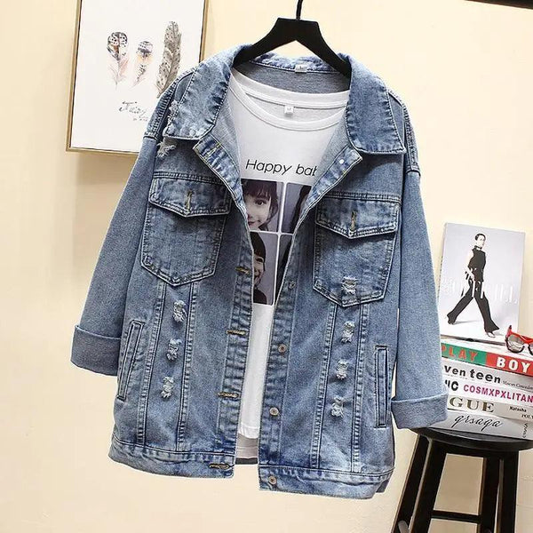 New Sizzling Women's Denim Jacket Fashionable Streetwear Letter Stylish Chic Printed Ripped Holes Jean Patchwork Jeans Female Coat