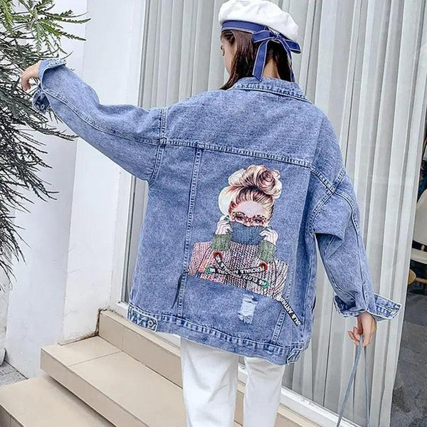 New Sizzling Women's Denim Jacket Fashionable Streetwear Letter Stylish Chic Printed Ripped Holes Jean Patchwork Jeans Female Coat