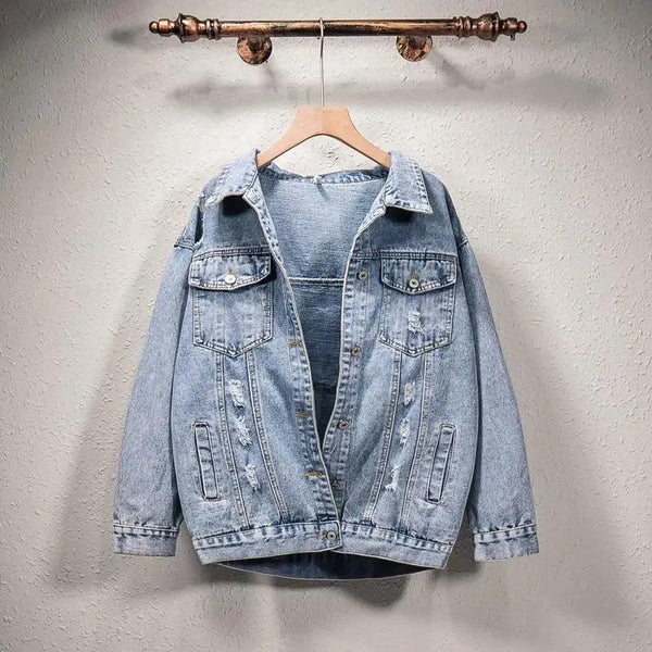 New Sizzling Women's Denim Jacket Fashionable Streetwear Letter Stylish Chic Printed Ripped Holes Jean Patchwork Jeans Female Coat